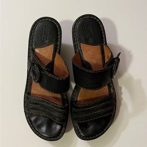 Black leather Born Sandals with 3” heel.